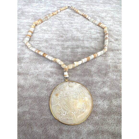 Vintage Aztec Sun Pendant Beaded Necklace Hand Carved - Picture 1 of 8